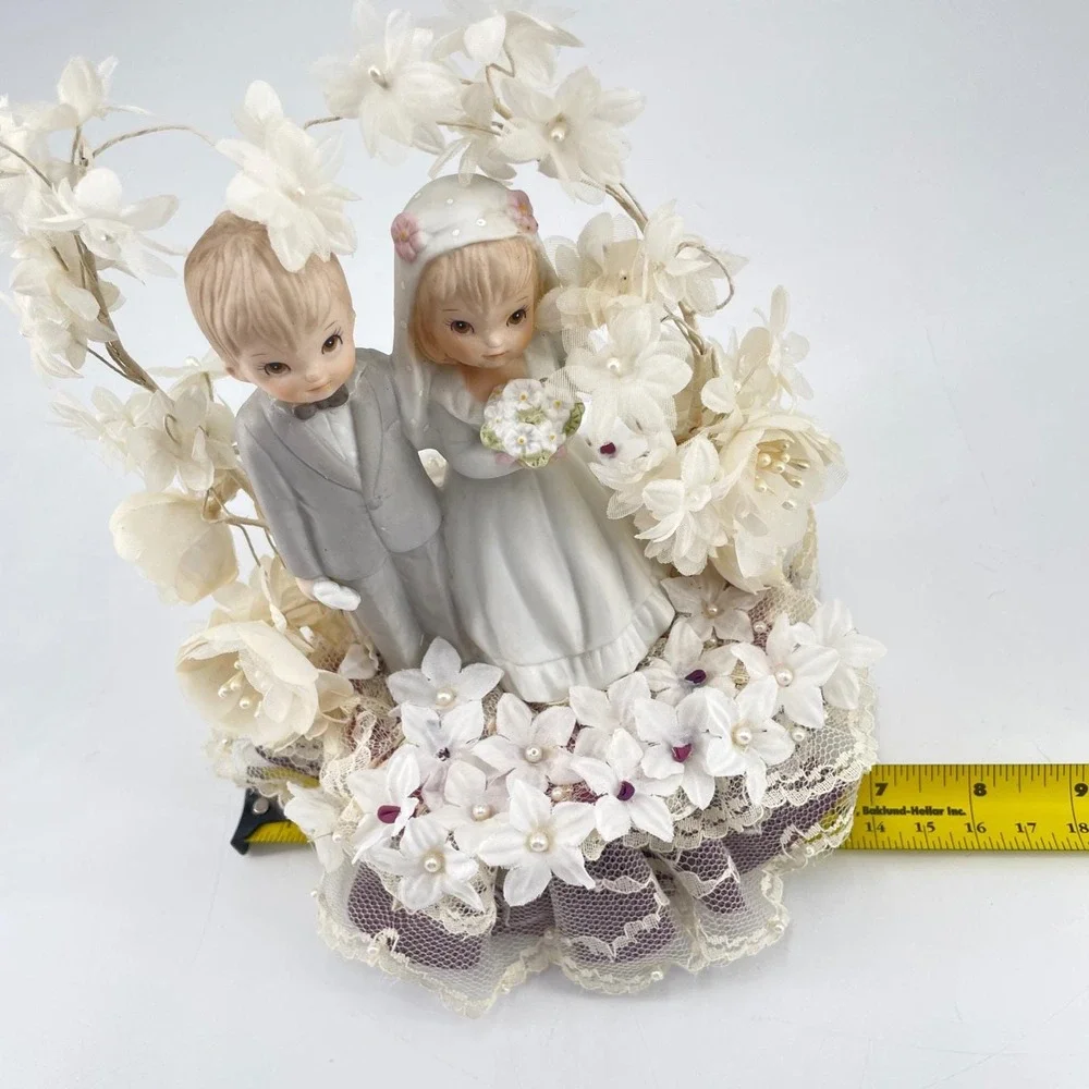 Vintage Wedding Cake Topper Porcelain Bride Groom Floral Arch Lace